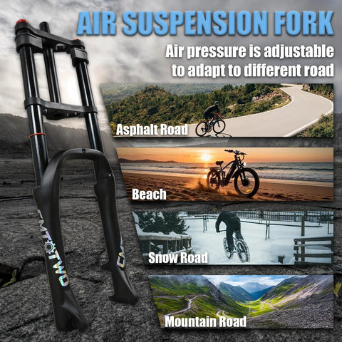 Beefy 20x4.0 Fat Tire EBike Air Suspension Fork With 185mm Travel 135mm Hub 9mm QR for diverse terrains.