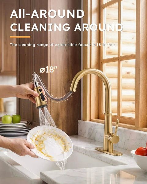 Kitchen Faucets with Pull Down Sprayer,WOWOW Gold High Arc Single Handle Classic Stainless Steel Sink Faucet 1 or 3 Hole using a pull-down sprayer.