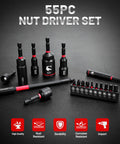 55 Piece Magnetic Impact Nut Driver Kit With Deep And Shallow Sockets on black backdrop showing various bit sizes and features.