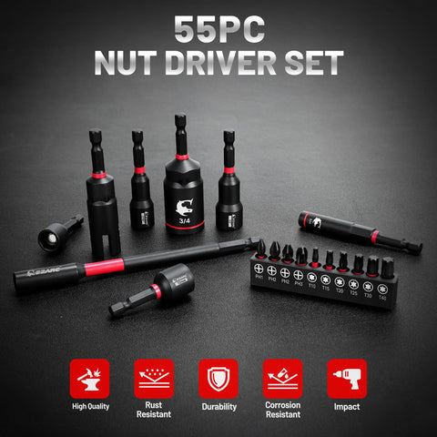 55 Piece Magnetic Impact Nut Driver Kit With Deep And Shallow Sockets on black backdrop showing various bit sizes and features.