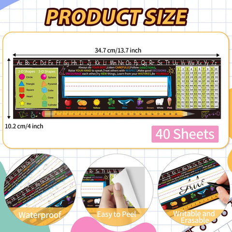 Classroom Desk Nameplates 40 Pack Waterproof Kid Friendly Student Labels With Multiplication Fractions And Percentages Table Black Style Durable 13.8X4 Inch Size For Easy Organization