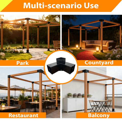 Beefed Up Iron Pergola Bracket Kit For 4x4 Posts With 3 Way And 4 Way Corner Brackets Includes Metal Base And Screws For Gazebos And Pergolas Built To Last, shown installed in various outdoor settings like parks and balconies.