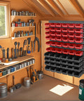 Wall Mounted Bolt And Screw Organizer Bins Set, Plastic Storage Bins For Garage, Red And Black 60 Piece Large Kit on wall