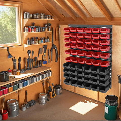 Wall Mounted Bolt And Screw Organizer Bins Set, Plastic Storage Bins For Garage, Red And Black 60 Piece Large Kit on wall