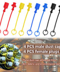 8-piece hydraulic dust caps and plugs set; color-coded red, yellow, blue, and black caps with ring ends for 1/2-inch flat-face hydraulic couplings
