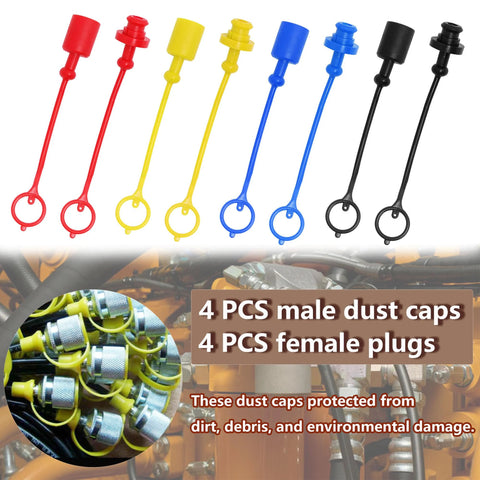 8-piece hydraulic dust caps and plugs set; color-coded red, yellow, blue, and black caps with ring ends for 1/2-inch flat-face hydraulic couplings
