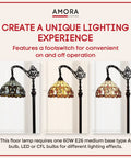 Three arched Tiffany style floor lamps with stained glass shades in tan, yellow, brown, 62-inch tall, LED ready for living room.