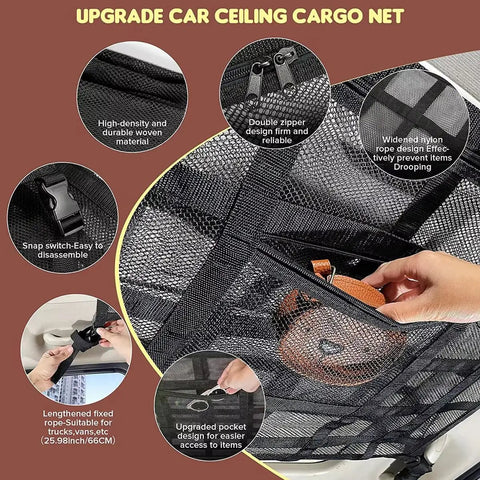 Heavy Duty Car Ceiling Cargo Net For Tesla Cybertruck Double Layer Overhead Storage Mesh with zippered pockets and durable nylon.