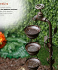 Side view of Outdoor Floor Tiered Vintage Water Fountain With 6 Hanging Cups And Soothing Tier Waterfall For Patio Or Garden, 38 Inch Bronze Decor
