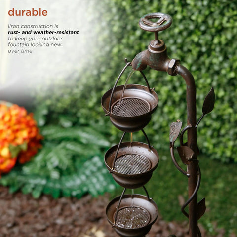 Side view of Outdoor Floor Tiered Vintage Water Fountain With 6 Hanging Cups And Soothing Tier Waterfall For Patio Or Garden, 38 Inch Bronze Decor