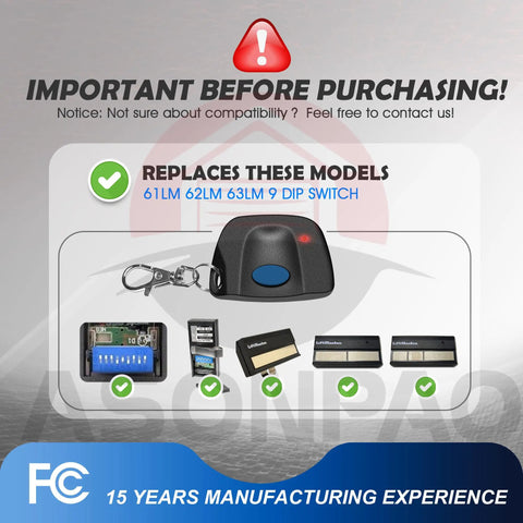 Two Remotes That Work With Your 61LM 750CB Garage Door Opener 390MHz 9 Dip Switch For 1984 To 1993 Models Durable ABS Case FCC Certified Tested Over 100000 Uses 3 Year Warranty with compatibility information and model examples
