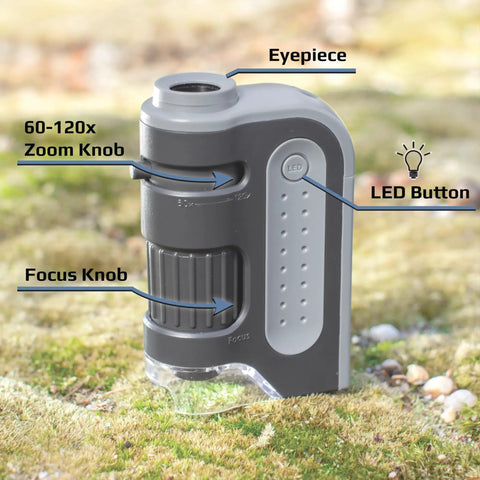 MicroBrite Plus 60x 120x LED Lighted Pocket Microscope Set Of 4 For Grab And Go Inspecting With Aspheric Internal Lens System Compact Portable Magnification For Home Lab Hobby And Fieldwork Requires 1 AA Battery Not Included Black And Grey with eyepiece, focus knob, and LED button