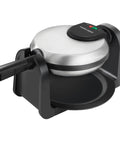 Four Slice Belgian Waffle Maker With Flip Feature For Evenly Cooked Waffles Cool Touch Locking Handle Ready Indicator Light Silver Finish