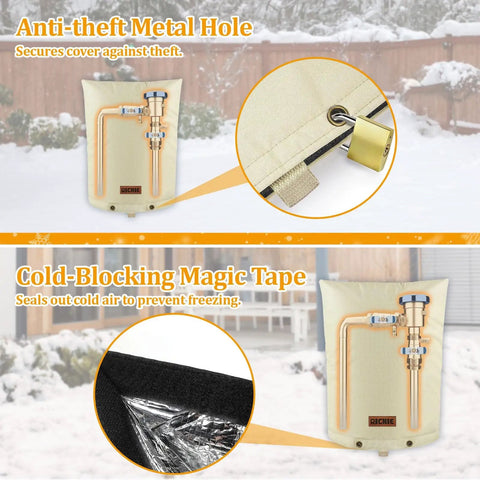 Backflow Preventer Cover 16 By 20 Inches, 5 Layer Beefed Up Heavy Duty Insulation For Winter Freeze Protection To 5 Degrees Fahrenheit, Weatherproof Outdoor Cover For Sprinkler Valves, Well Pumps, Pipes And PVB Beige with close-up of metal hole and magic tape seal