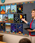 Teacher in classroom with Earth Science Poster Set For Classrooms 13 Topics 11x17 Learning Charts; colorful science charts on wall.