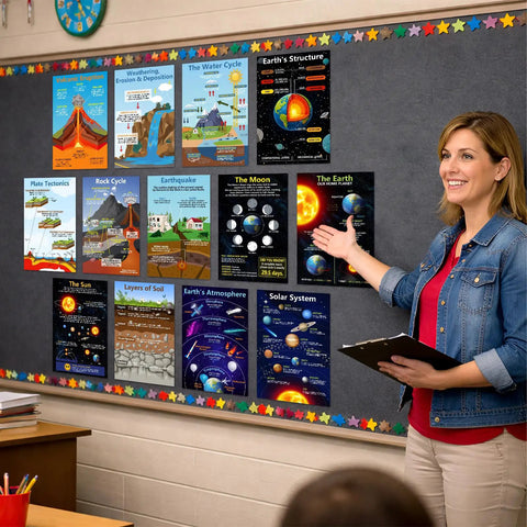 Teacher in classroom with Earth Science Poster Set For Classrooms 13 Topics 11x17 Learning Charts; colorful science charts on wall.