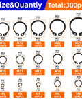 Chart showing 380 pcs of C-clips including sizes M3 to M28 from 4 In 1 Snap Ring Pliers Set With 380 Pcs Retaining Ring Kit.