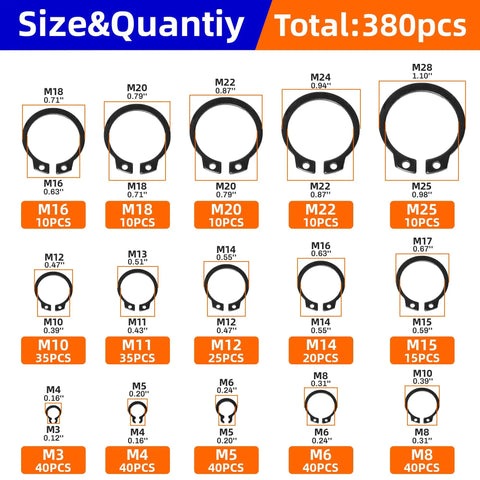 Chart showing 380 pcs of C-clips including sizes M3 to M28 from 4 In 1 Snap Ring Pliers Set With 380 Pcs Retaining Ring Kit.