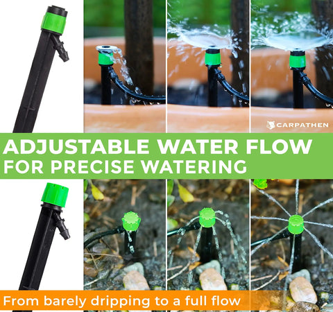 Image showing 12 Pack Drip Irrigation Emitters For One Quarter Inch Tubing 360 Degree Adjustable Flow Includes Barbed Couplings And Extra Sprinkler Heads Easy Clip On Irrigation Kit For Garden Systems in use with adjustable water flow.