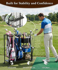 Garage Golf Bag Organizer And Storage Rack With 6 Club Slots Wheels Fabric Drawer And Hooks Holds 2 Golf Bags And Accessories