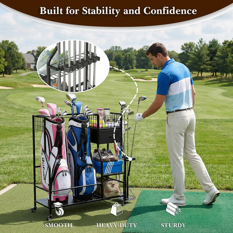 Garage Golf Bag Organizer And Storage Rack With 6 Club Slots Wheels Fabric Drawer And Hooks Holds 2 Golf Bags And Accessories