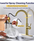 TOYWIA Kitchen Faucets with Pull Down Sprayer, High Arc Single Handle Classic Stainless Steel Sink Faucet 1 or 3 Hole, Suitable for Farmhouse Camper Laundry Rv Bar, Gold in action, showcasing spray rinse function.