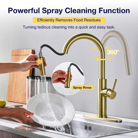 TOYWIA Kitchen Faucets with Pull Down Sprayer, High Arc Single Handle Classic Stainless Steel Sink Faucet 1 or 3 Hole, Suitable for Farmhouse Camper Laundry Rv Bar, Gold in action, showcasing spray rinse function.