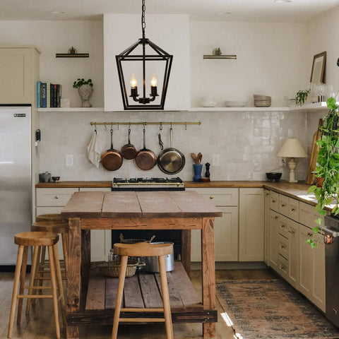 4 Light Lantern Pendant Light With Industrial Black Cage Farmhouse Chandelier in rustic kitchen with wooden island