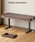 Classic Mid Century Modern Electric Standing Desk 63 Inch dimensions showing height and size, ergonomic workstation with three drawers.