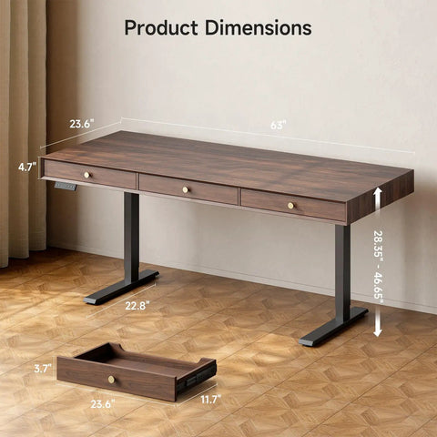 Classic Mid Century Modern Electric Standing Desk 63 Inch dimensions showing height and size, ergonomic workstation with three drawers.