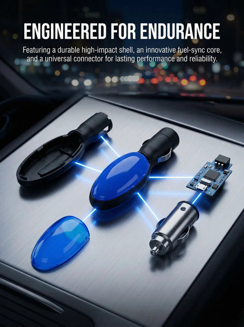 Ultimate Car Fuel Saver Device For Cars And Trucks components on dashboard with high-impact shell and fuel-sync core