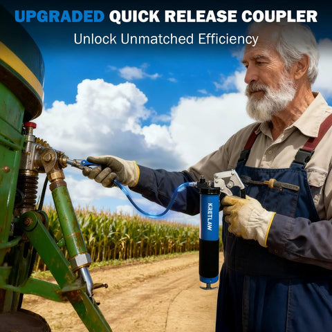 KRETLAW grease gun, blue with quick-release coupler, side view of worker greasing a green tractor.
