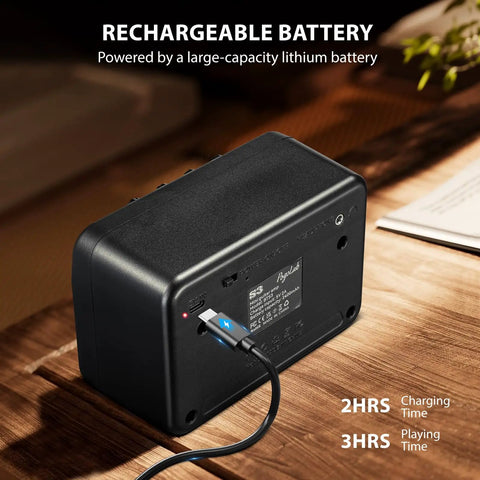 Mini Guitar Amp 5W Portable Practice Amplifier with Clean and Drive Two Channel Effects Bluetooth Speaker Headphone Jack Rechargeable Battery showing battery charging