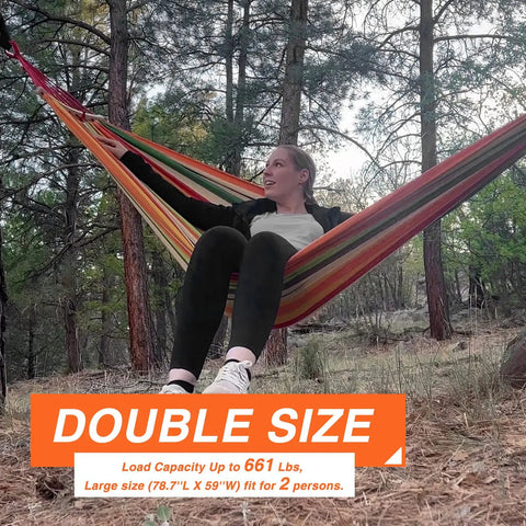 Portable Hammock With Carrying Bag And Two Tree Straps For Camping Travel And Beach Outdoor Fun Supports Up To 660 Lbs Anti Roll Over Wooden Frame For Stable Balance Great For Single Or Double Use under trees