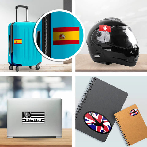 Multiple items with various flag stickers, including Spain on suitcase and Union Jack on mouse, showcasing vinyl decals on surfaces.