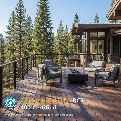 Heavy Duty Four Foot Modular Deck Handrail In Matte Black T304 Stainless Steel Cable Railing Top Rail For Outdoor Porches with chairs and fire pit.