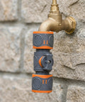 Totally Awesome Toddmomy Garden Hose Quick Connectors For 3/4 Inch Pipe, Effortless Male And Female Fitting No More Threading Hassle While Washing The Car Or Watering Plants In Style Today. Brass faucet with gray and orange 3/4-inch hose quick connectors