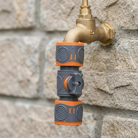 Totally Awesome Toddmomy Garden Hose Quick Connectors For 3/4 Inch Pipe, Effortless Male And Female Fitting No More Threading Hassle While Washing The Car Or Watering Plants In Style Today. Brass faucet with gray and orange 3/4-inch hose quick connectors