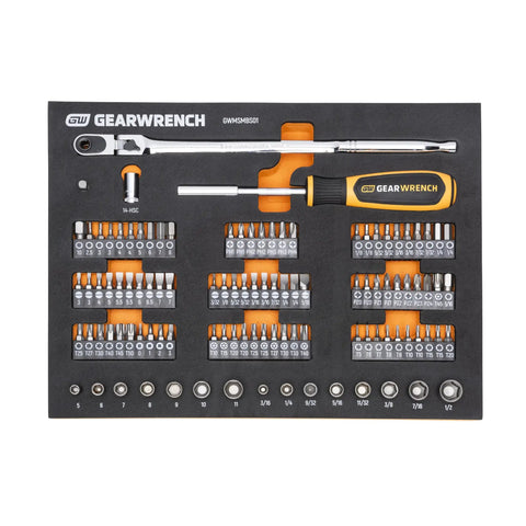 Megamod 194 Piece Mechanics Tool Set in foam tray with various sockets, screwdriver, and ratchet, top view