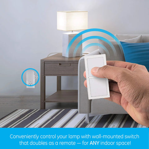 Wireless Remote Light Switch With Plug In Receiver, One Outlet, On Off Control For Lamps And Indoor Lighting shown in living room.