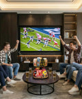 People enjoying snacks from Two-Tier Lazy Susan Snack Organizer With Grab-and-Go Design in living room during game night.