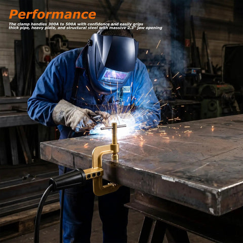 Heavy Duty C Style Welding Ground Clamp Beast, 400A Power Grip For TIG MIG Stick Welders, in action with 2.3 inch jaw opening on metal