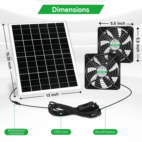Solar Powered 5.5 Inch Two Fan Kit For Intake Or Exhaust Air, Weatherproof Outdoor Vent Fans For Chicken Coops, Greenhouses, Sheds, And Pet Houses, Easy Installation And Fresh Air Quality