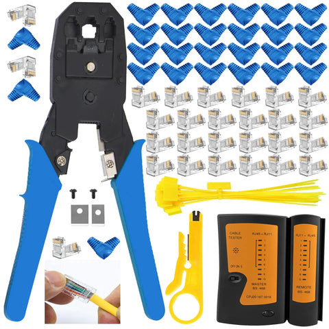 Straight Up Pro RJ45 Crimping Tool Kit With Cat5 Cat6 Cable Tester And Wire Stripper with cable connectors and tools.