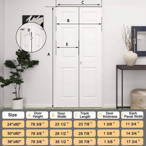 36 Inch By 80 Inch Bifold Barn Door With 6 Panels, White Primed Hollow Core Interior Door Ready To Paint for closets or pantries