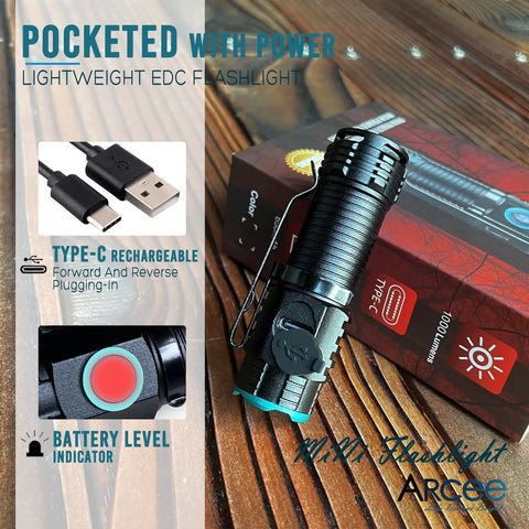 Rechargeable Compact EDC Flashlight With Clip on wooden table, USB cable, and battery level indicator displayed.