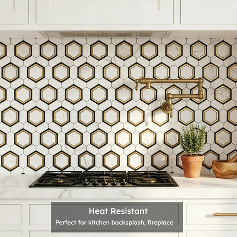 Peel And Stick Hexagon Backsplash Tiles In White And Gold With Marble Veins above a kitchen stove, self-adhesive PVC.