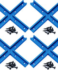 Pro Grade Aluminum T Track Intersection Kit With Pre Drilled Mounting Holes And Wood Screws Universal Double Cut Profile For Woodworking And Clamps Fine Sandblast Anodized Blue Finish DIY Friendly 4 Pack, showing four blue t-track intersections and screws layout.
