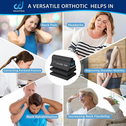 Collage of people using neck and shoulder relaxer for pain relief and cervical traction, improving neck posture and flexibility.