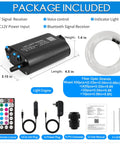 Package contents of 9.8 Foot Fiber Optic Starlight Headliner Kit With 450 Strands, 16W Light Box, App Control, RF Remote.